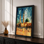 This geometric-style artwork reimagines Masjid an-Nabawi in Medina with angular, faceted forms in vibrant blue and teal shards, featuring the iconic green dome, tall minarets, and expansive courtyard filled with pilgrims under a warm orange sky, creating a modern, abstract, and spiritually dynamic representation of the Prophet's Mosque.
