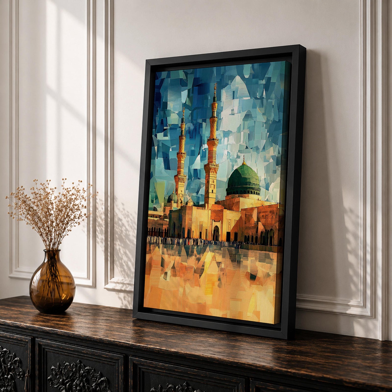 This geometric-style artwork reimagines Masjid an-Nabawi in Medina with angular, faceted forms in vibrant blue and teal shards, featuring the iconic green dome, tall minarets, and expansive courtyard filled with pilgrims under a warm orange sky, creating a modern, abstract, and spiritually dynamic representation of the Prophet's Mosque.