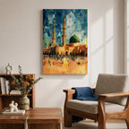 This geometric-style artwork reimagines Masjid an-Nabawi in Medina with angular, faceted forms in vibrant blue and teal shards, featuring the iconic green dome, tall minarets, and expansive courtyard filled with pilgrims under a warm orange sky, creating a modern, abstract, and spiritually dynamic representation of the Prophet's Mosque.