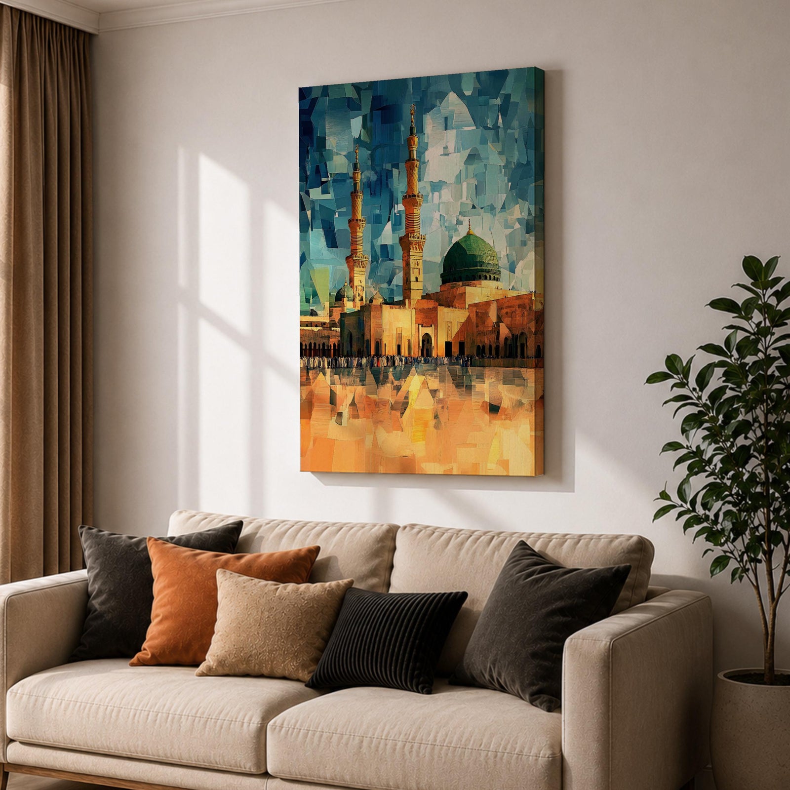 This geometric-style artwork reimagines Masjid an-Nabawi in Medina with angular, faceted forms in vibrant blue and teal shards, featuring the iconic green dome, tall minarets, and expansive courtyard filled with pilgrims under a warm orange sky, creating a modern, abstract, and spiritually dynamic representation of the Prophet's Mosque.