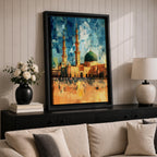 This geometric-style artwork reimagines Masjid an-Nabawi in Medina with angular, faceted forms in vibrant blue and teal shards, featuring the iconic green dome, tall minarets, and expansive courtyard filled with pilgrims under a warm orange sky, creating a modern, abstract, and spiritually dynamic representation of the Prophet's Mosque.