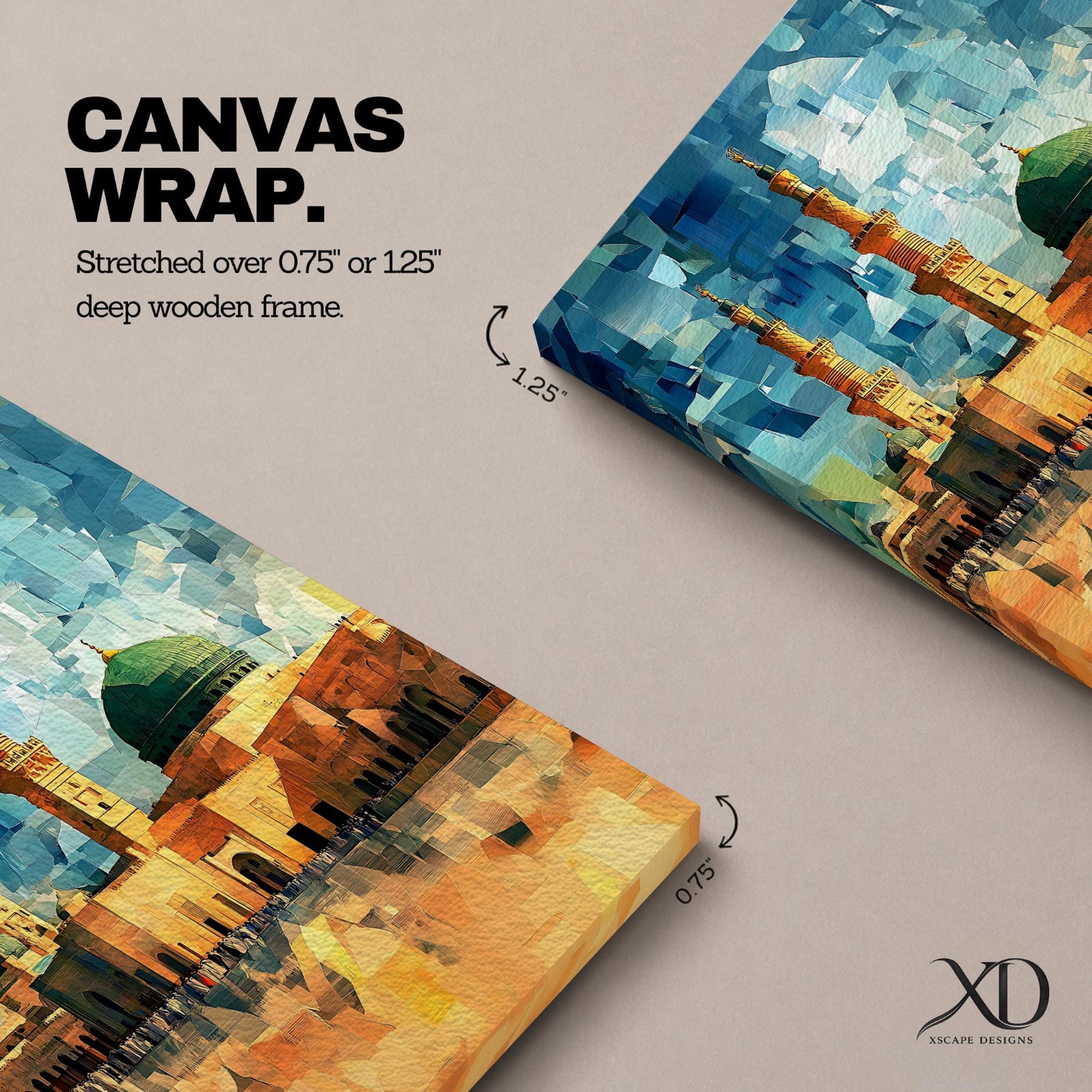 This geometric-style artwork reimagines Masjid an-Nabawi in Medina with angular, faceted forms in vibrant blue and teal shards, featuring the iconic green dome, tall minarets, and expansive courtyard filled with pilgrims under a warm orange sky, creating a modern, abstract, and spiritually dynamic representation of the Prophet's Mosque.