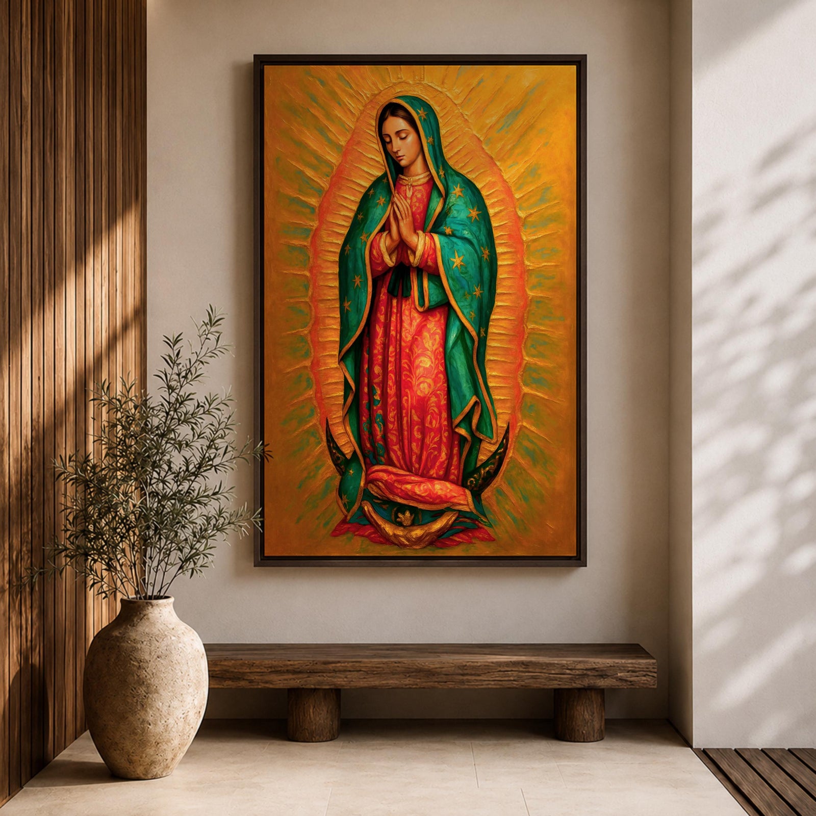 A detailed framed canvas painting of Our Lady of Guadalupe depicting a woman in a traditional red dress and green cloak adorned with stars, hands clasped in prayer, surrounded by radiant golden light, rendered in a realistic style with rich textures and vibrant colors.