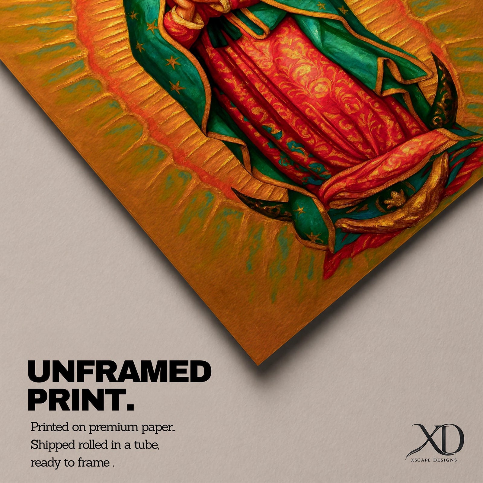 A detailed framed canvas painting of Our Lady of Guadalupe depicting a woman in a traditional red dress and green cloak adorned with stars, hands clasped in prayer, surrounded by radiant golden light, rendered in a realistic style with rich textures and vibrant colors.