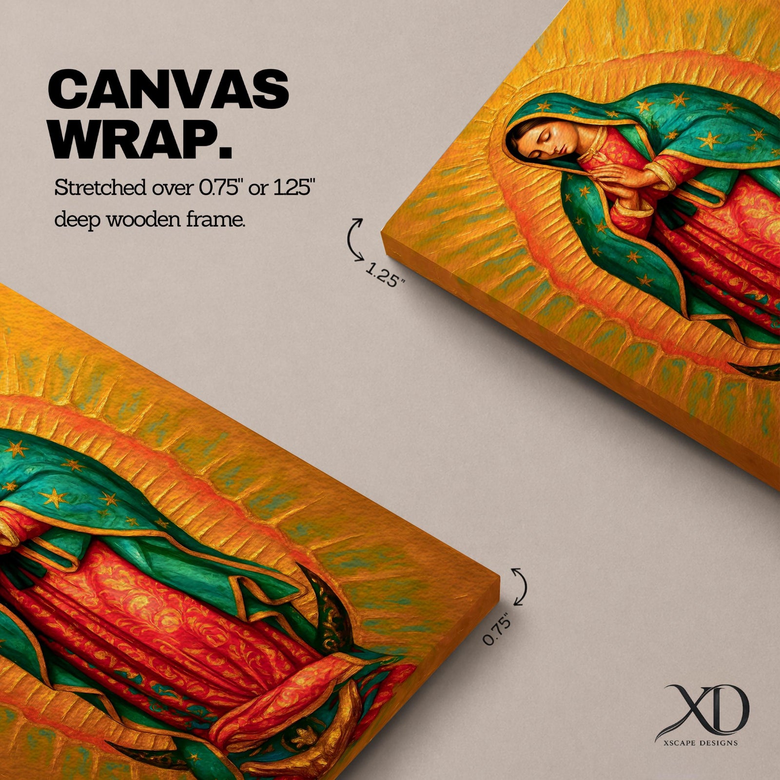 A detailed framed canvas painting of Our Lady of Guadalupe depicting a woman in a traditional red dress and green cloak adorned with stars, hands clasped in prayer, surrounded by radiant golden light, rendered in a realistic style with rich textures and vibrant colors.