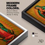 A detailed framed canvas painting of Our Lady of Guadalupe depicting a woman in a traditional red dress and green cloak adorned with stars, hands clasped in prayer, surrounded by radiant golden light, rendered in a realistic style with rich textures and vibrant colors.