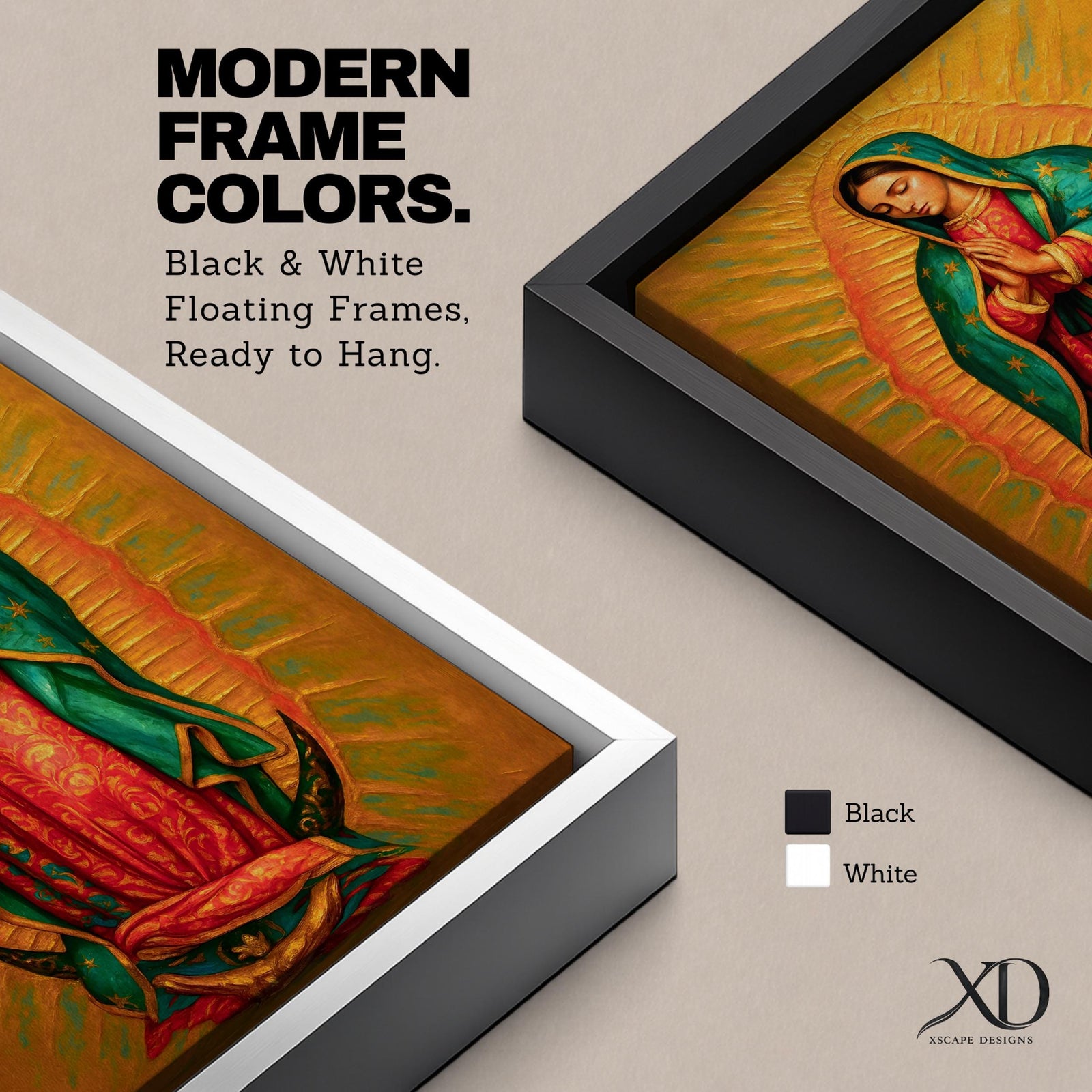 A detailed framed canvas painting of Our Lady of Guadalupe depicting a woman in a traditional red dress and green cloak adorned with stars, hands clasped in prayer, surrounded by radiant golden light, rendered in a realistic style with rich textures and vibrant colors.