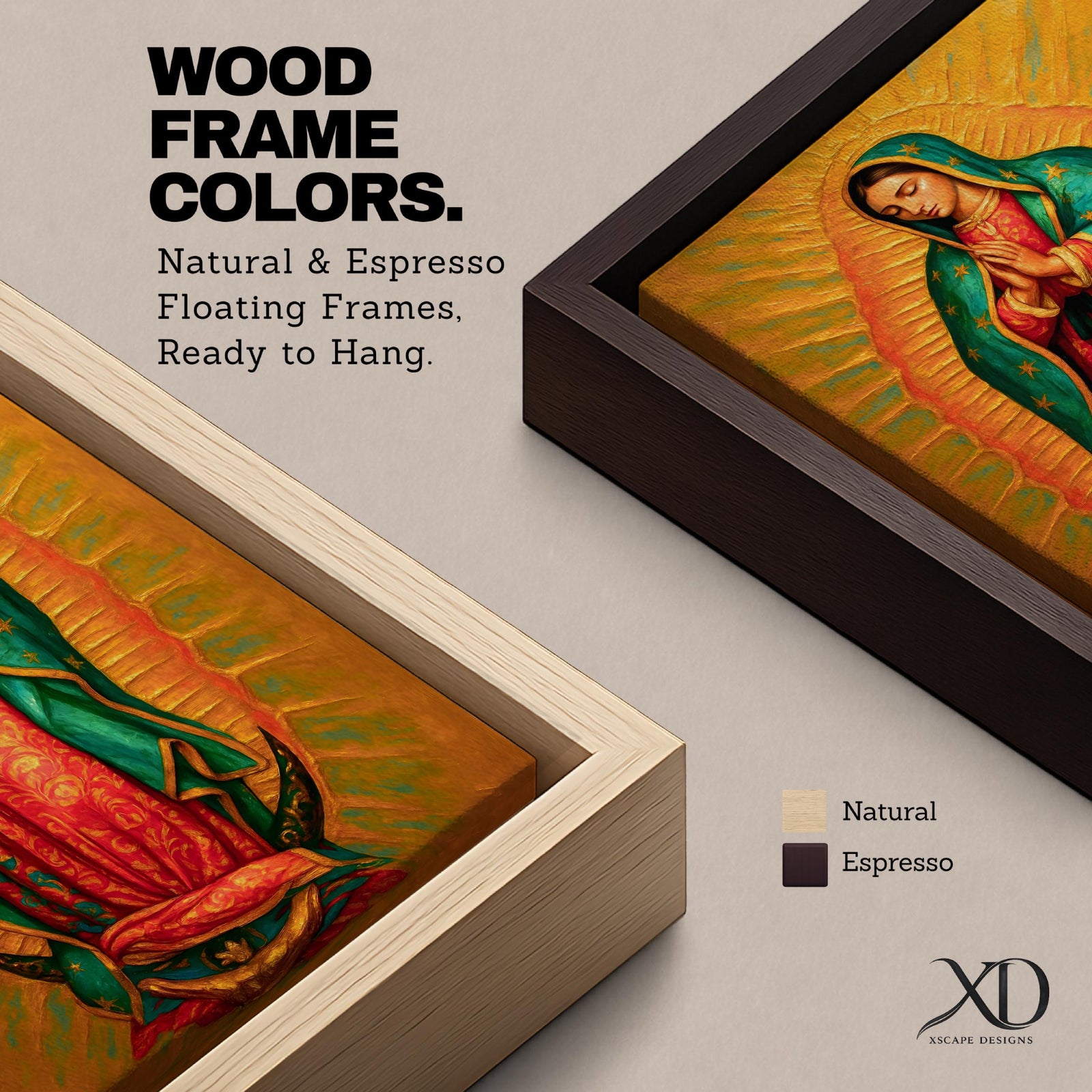 A detailed framed canvas painting of Our Lady of Guadalupe depicting a woman in a traditional red dress and green cloak adorned with stars, hands clasped in prayer, surrounded by radiant golden light, rendered in a realistic style with rich textures and vibrant colors.
