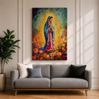 A vibrant impasto painting of Our Lady of Guadalupe, depicting the Virgin Mary in a blue mantle with hands clasped in prayer, surrounded by a glowing aura and colorful floral background, rendered with thick textured brushstrokes.
