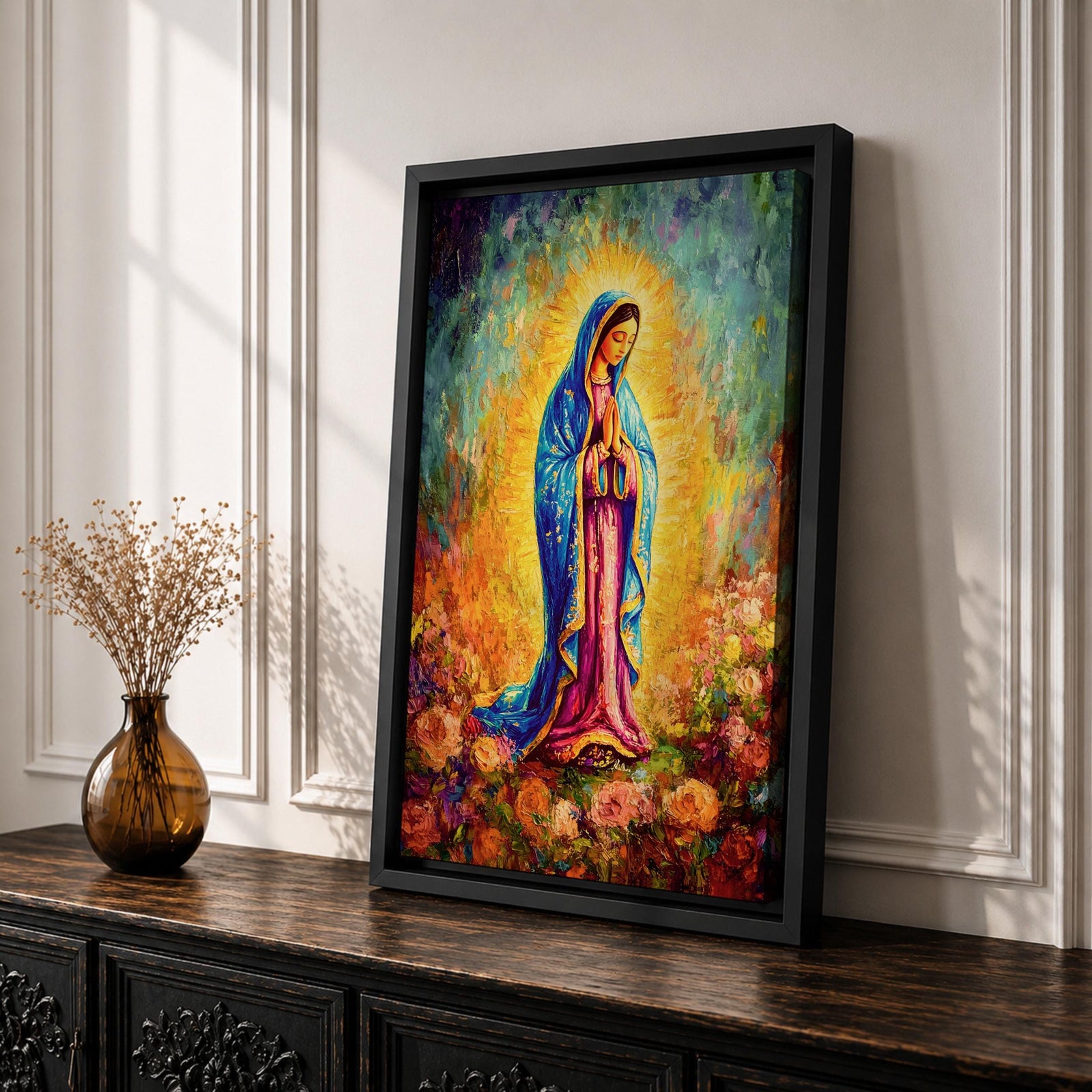 A vibrant impasto painting of Our Lady of Guadalupe, depicting the Virgin Mary in a blue mantle with hands clasped in prayer, surrounded by a glowing aura and colorful floral background, rendered with thick textured brushstrokes.