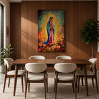 A vibrant impasto painting of Our Lady of Guadalupe, depicting the Virgin Mary in a blue mantle with hands clasped in prayer, surrounded by a glowing aura and colorful floral background, rendered with thick textured brushstrokes.