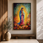 A vibrant impasto painting of Our Lady of Guadalupe, depicting the Virgin Mary in a blue mantle with hands clasped in prayer, surrounded by a glowing aura and colorful floral background, rendered with thick textured brushstrokes.