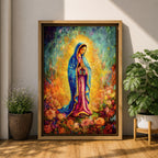 A vibrant impasto painting of Our Lady of Guadalupe, depicting the Virgin Mary in a blue mantle with hands clasped in prayer, surrounded by a glowing aura and colorful floral background, rendered with thick textured brushstrokes.