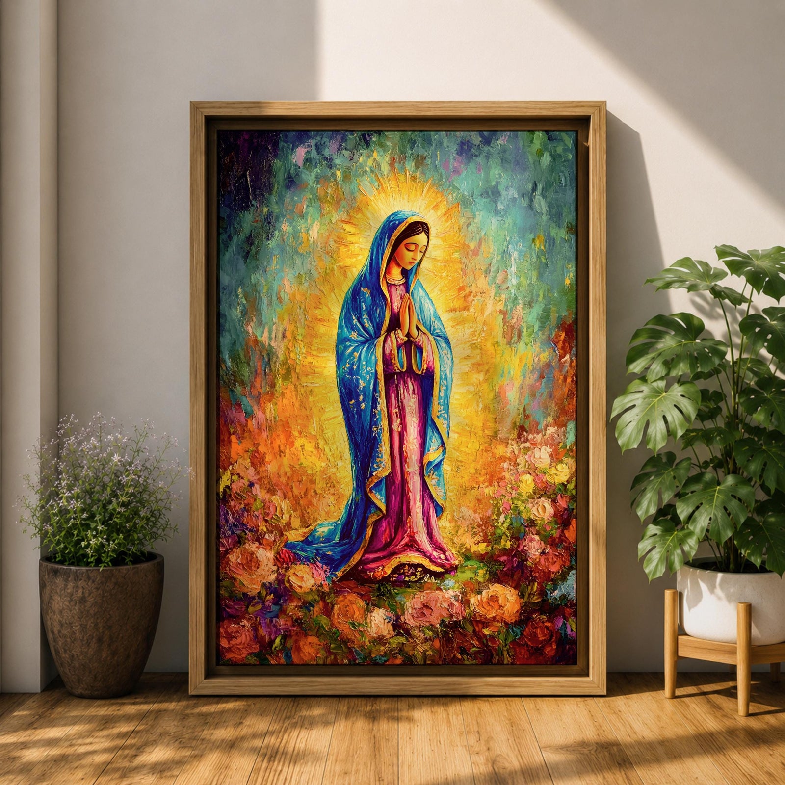 A vibrant impasto painting of Our Lady of Guadalupe, depicting the Virgin Mary in a blue mantle with hands clasped in prayer, surrounded by a glowing aura and colorful floral background, rendered with thick textured brushstrokes.