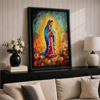 A vibrant impasto painting of Our Lady of Guadalupe, depicting the Virgin Mary in a blue mantle with hands clasped in prayer, surrounded by a glowing aura and colorful floral background, rendered with thick textured brushstrokes.
