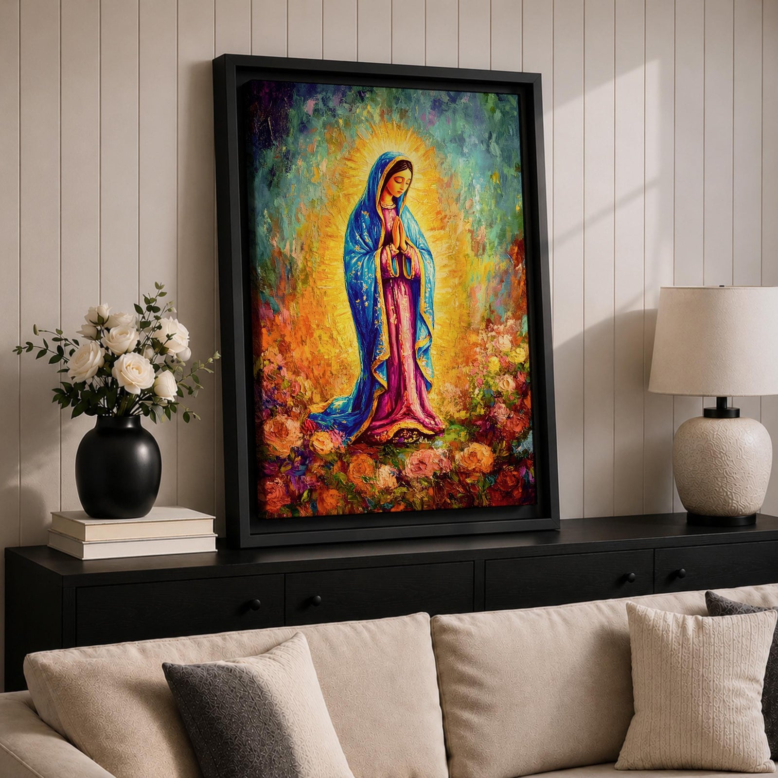 A vibrant impasto painting of Our Lady of Guadalupe, depicting the Virgin Mary in a blue mantle with hands clasped in prayer, surrounded by a glowing aura and colorful floral background, rendered with thick textured brushstrokes.