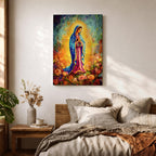A vibrant impasto painting of Our Lady of Guadalupe, depicting the Virgin Mary in a blue mantle with hands clasped in prayer, surrounded by a glowing aura and colorful floral background, rendered with thick textured brushstrokes.
