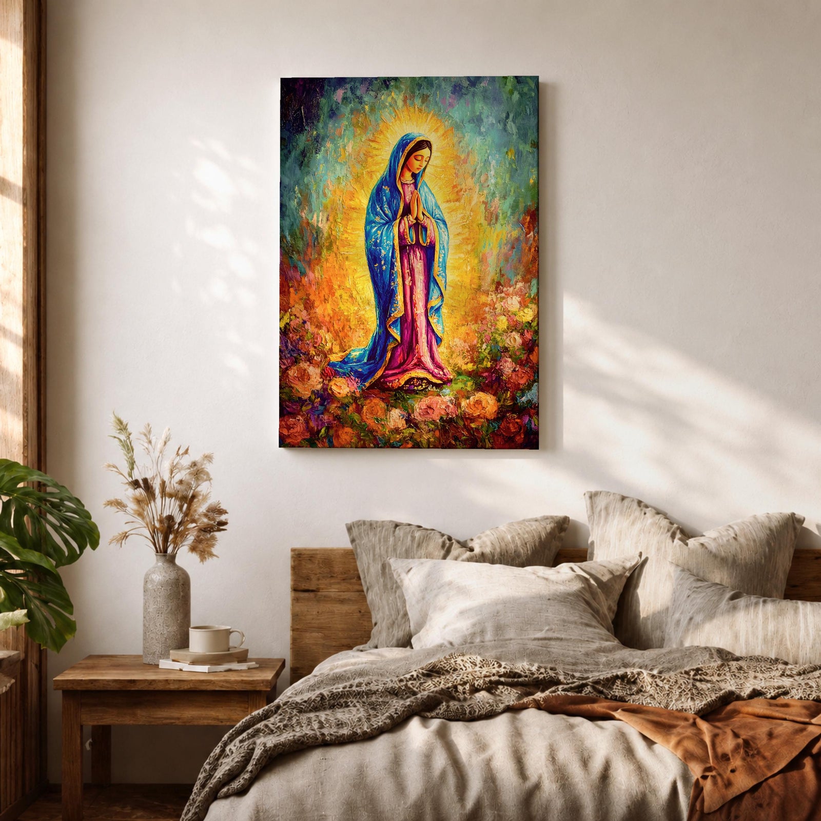 A vibrant impasto painting of Our Lady of Guadalupe, depicting the Virgin Mary in a blue mantle with hands clasped in prayer, surrounded by a glowing aura and colorful floral background, rendered with thick textured brushstrokes.