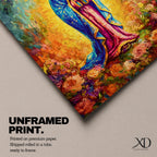 A vibrant impasto painting of Our Lady of Guadalupe, depicting the Virgin Mary in a blue mantle with hands clasped in prayer, surrounded by a glowing aura and colorful floral background, rendered with thick textured brushstrokes.