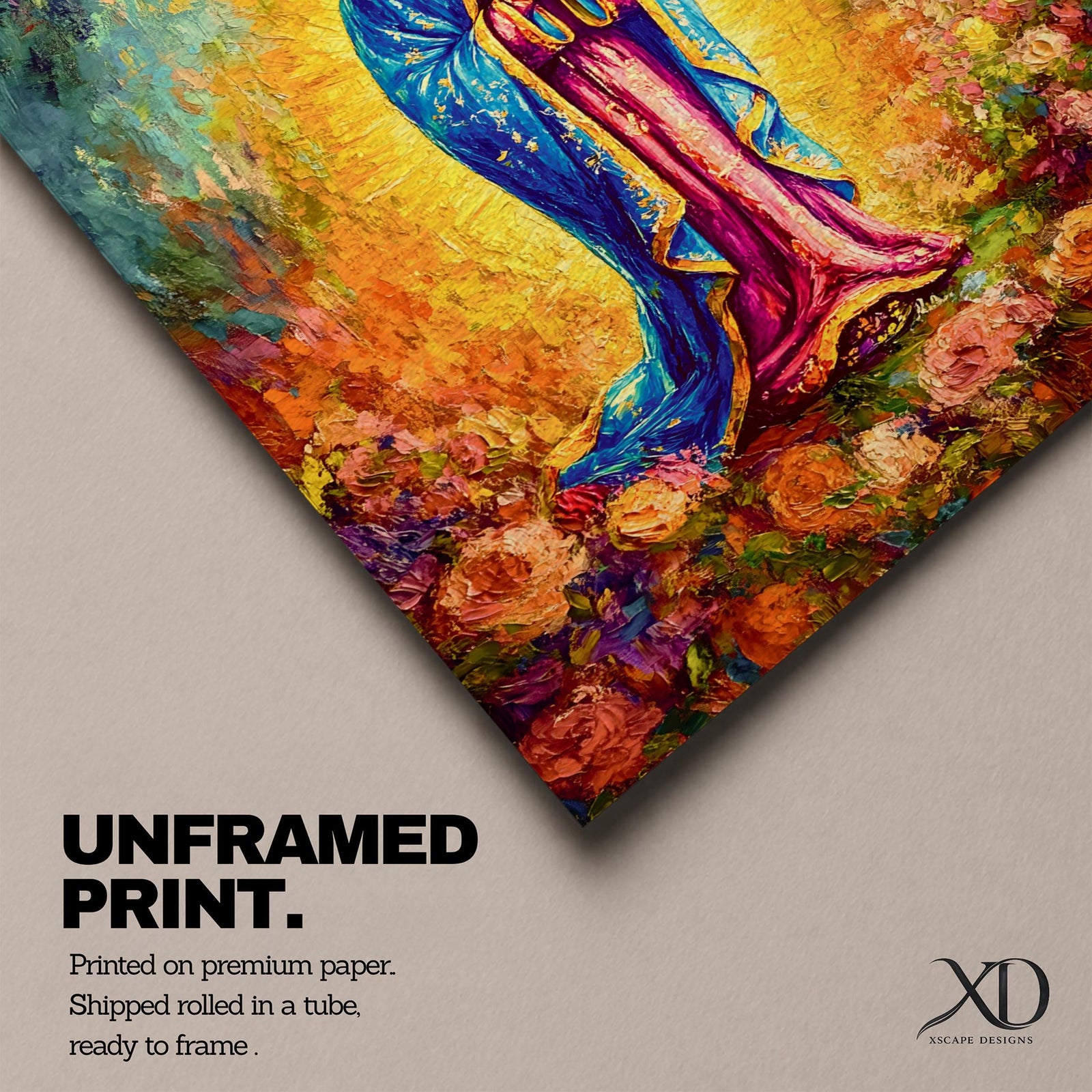A vibrant impasto painting of Our Lady of Guadalupe, depicting the Virgin Mary in a blue mantle with hands clasped in prayer, surrounded by a glowing aura and colorful floral background, rendered with thick textured brushstrokes.