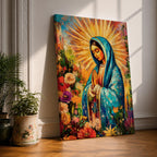A vibrant impasto style painting of Our Lady of Guadalupe, also known as Virgin of Guadalupe, depicted with hands folded in prayer, wearing a blue mantle surrounded by radiant golden rays and colorful flowers, rendered in thick textured brushstrokes emphasizing depth and color.