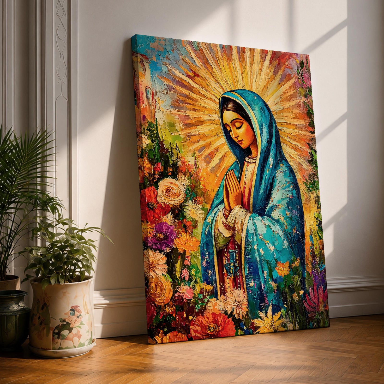 A vibrant impasto style painting of Our Lady of Guadalupe, also known as Virgin of Guadalupe, depicted with hands folded in prayer, wearing a blue mantle surrounded by radiant golden rays and colorful flowers, rendered in thick textured brushstrokes emphasizing depth and color.