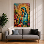 A vibrant impasto style painting of Our Lady of Guadalupe, also known as Virgin of Guadalupe, depicted with hands folded in prayer, wearing a blue mantle surrounded by radiant golden rays and colorful flowers, rendered in thick textured brushstrokes emphasizing depth and color.
