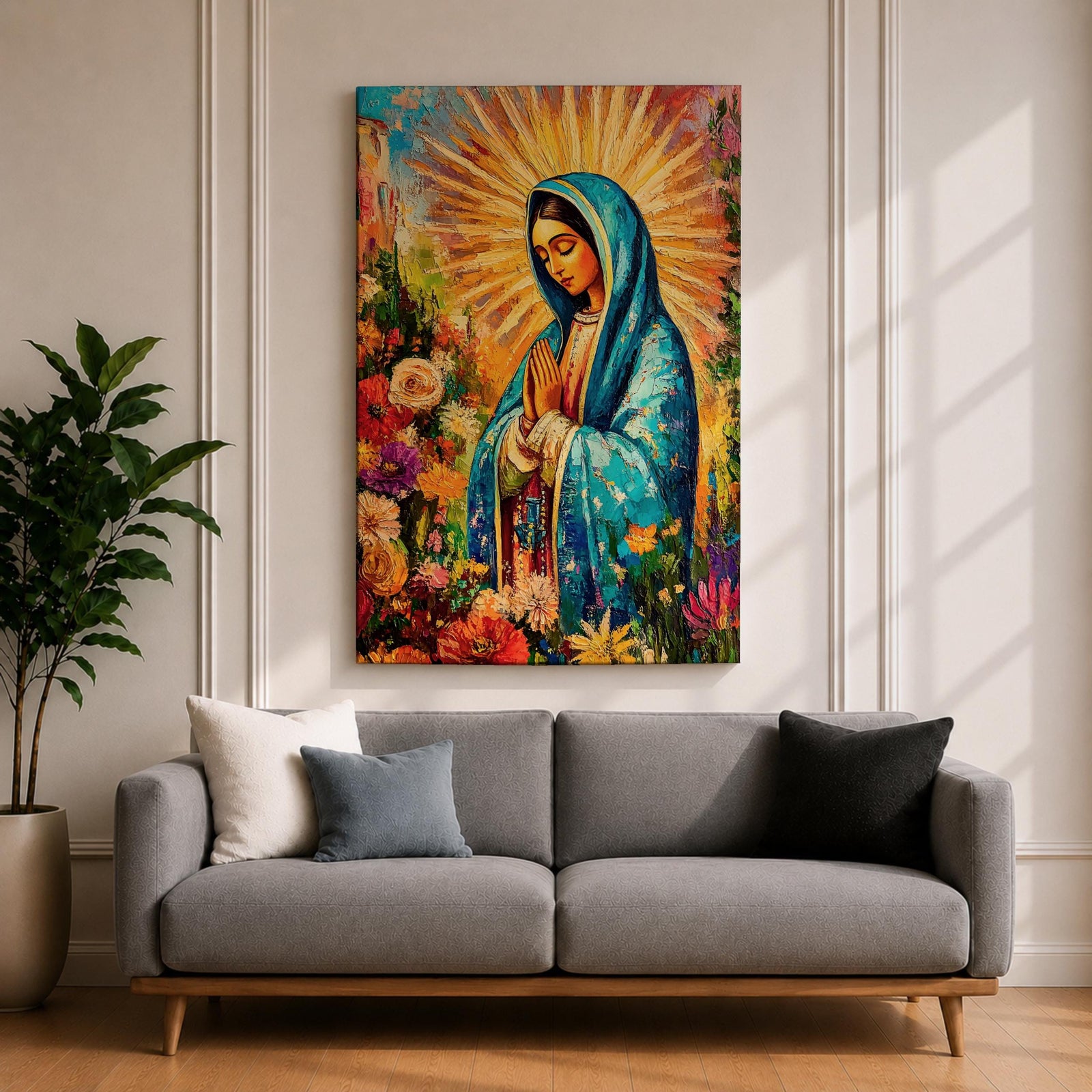 A vibrant impasto style painting of Our Lady of Guadalupe, also known as Virgin of Guadalupe, depicted with hands folded in prayer, wearing a blue mantle surrounded by radiant golden rays and colorful flowers, rendered in thick textured brushstrokes emphasizing depth and color.
