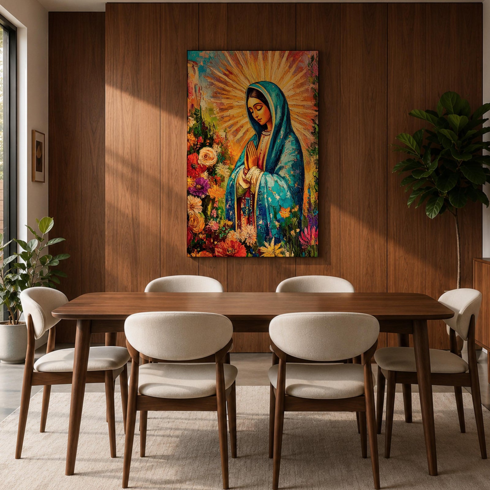 A vibrant impasto style painting of Our Lady of Guadalupe, also known as Virgin of Guadalupe, depicted with hands folded in prayer, wearing a blue mantle surrounded by radiant golden rays and colorful flowers, rendered in thick textured brushstrokes emphasizing depth and color.