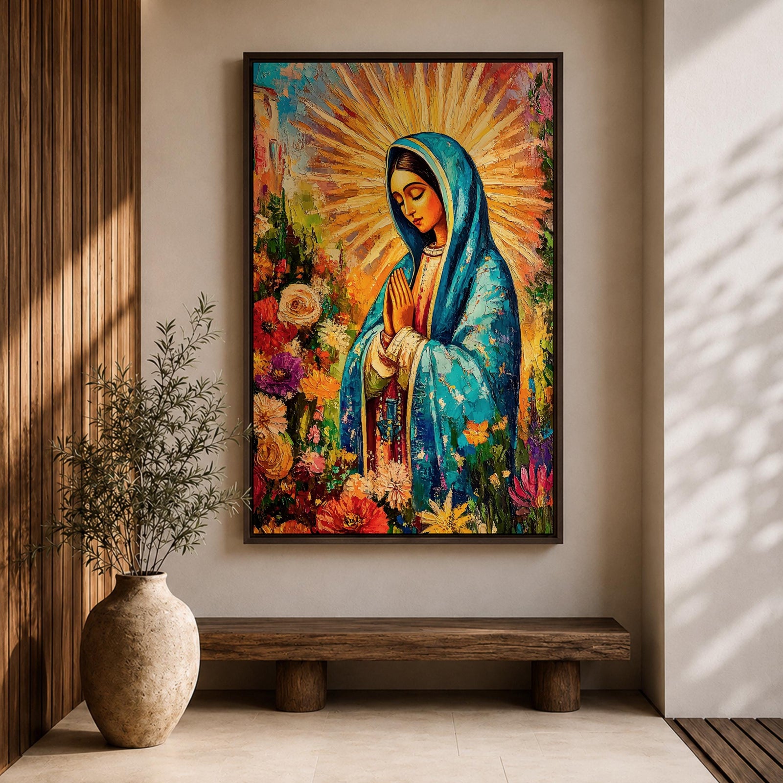 A vibrant impasto style painting of Our Lady of Guadalupe, also known as Virgin of Guadalupe, depicted with hands folded in prayer, wearing a blue mantle surrounded by radiant golden rays and colorful flowers, rendered in thick textured brushstrokes emphasizing depth and color.