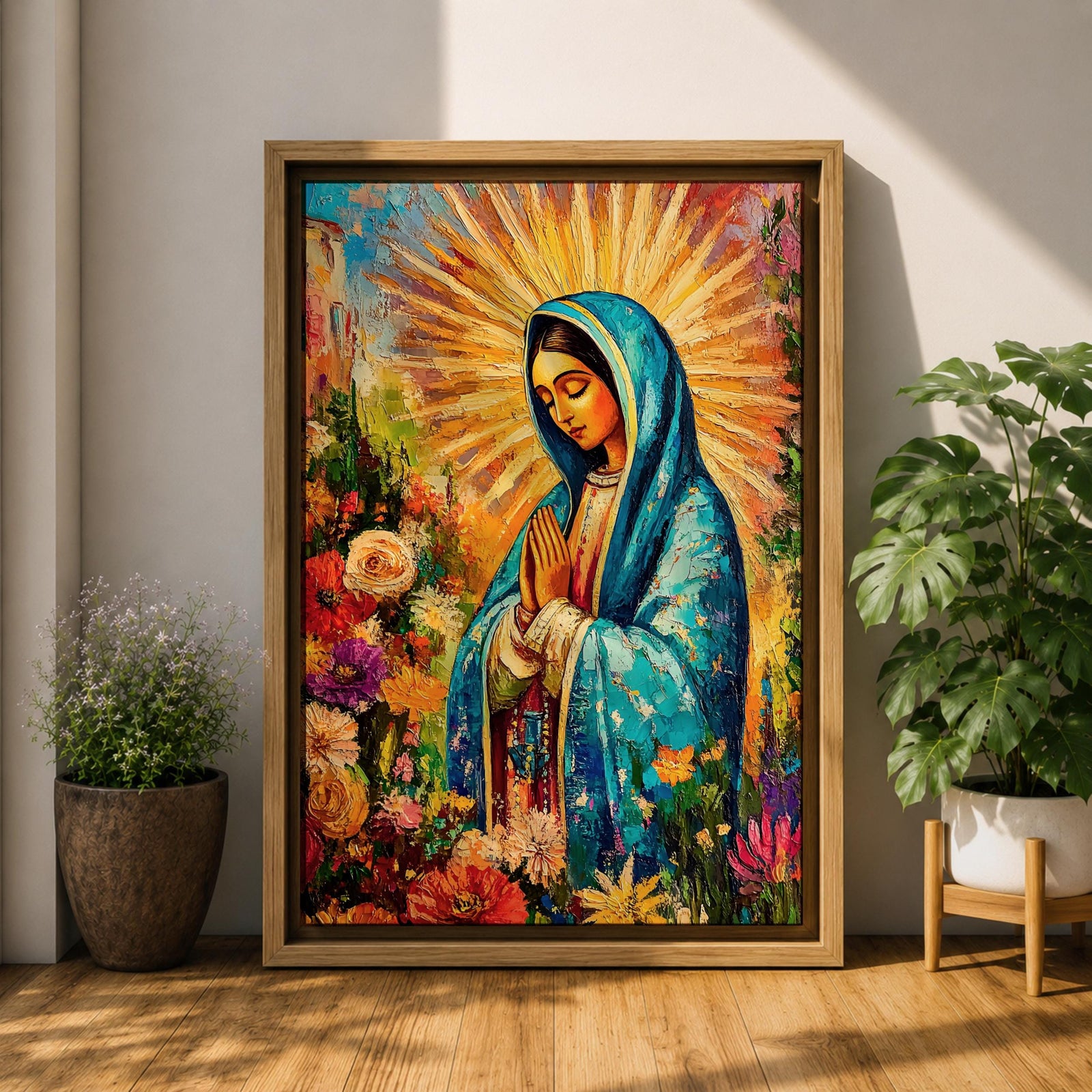 A vibrant impasto style painting of Our Lady of Guadalupe, also known as Virgin of Guadalupe, depicted with hands folded in prayer, wearing a blue mantle surrounded by radiant golden rays and colorful flowers, rendered in thick textured brushstrokes emphasizing depth and color.