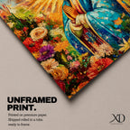 A vibrant impasto style painting of Our Lady of Guadalupe, also known as Virgin of Guadalupe, depicted with hands folded in prayer, wearing a blue mantle surrounded by radiant golden rays and colorful flowers, rendered in thick textured brushstrokes emphasizing depth and color.