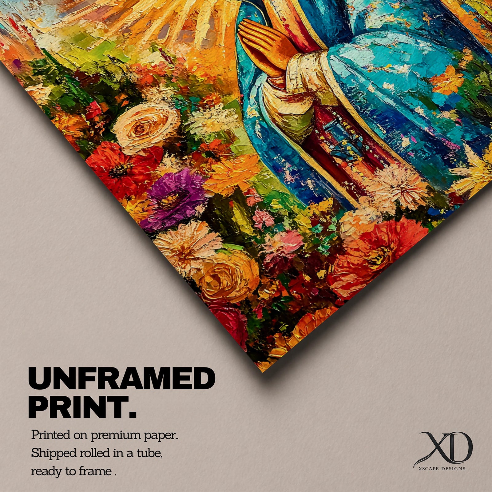 A vibrant impasto style painting of Our Lady of Guadalupe, also known as Virgin of Guadalupe, depicted with hands folded in prayer, wearing a blue mantle surrounded by radiant golden rays and colorful flowers, rendered in thick textured brushstrokes emphasizing depth and color.