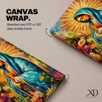 A vibrant impasto style painting of Our Lady of Guadalupe, also known as Virgin of Guadalupe, depicted with hands folded in prayer, wearing a blue mantle surrounded by radiant golden rays and colorful flowers, rendered in thick textured brushstrokes emphasizing depth and color.