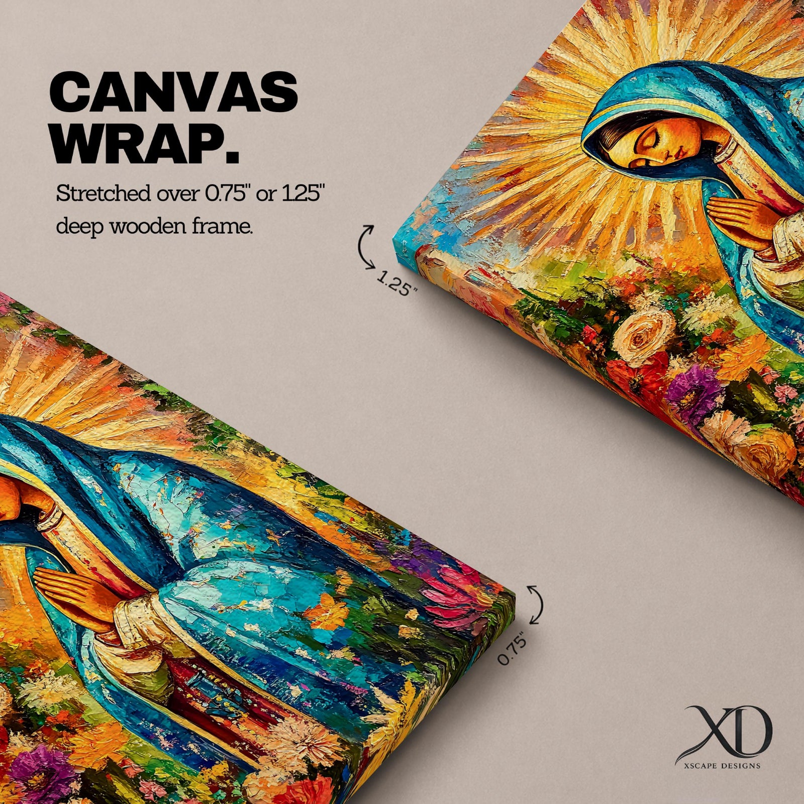 A vibrant impasto style painting of Our Lady of Guadalupe, also known as Virgin of Guadalupe, depicted with hands folded in prayer, wearing a blue mantle surrounded by radiant golden rays and colorful flowers, rendered in thick textured brushstrokes emphasizing depth and color.