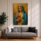 This impasto style painting depicts the Virgin Mary, also known as the Blessed Mother, holding pink flowers with a golden halo background. The textured brushstrokes and vibrant colors emphasize her serene expression and traditional blue veil, creating a devotional religious portrait.