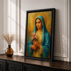 This impasto style painting depicts the Virgin Mary, also known as the Blessed Mother, holding pink flowers with a golden halo background. The textured brushstrokes and vibrant colors emphasize her serene expression and traditional blue veil, creating a devotional religious portrait.