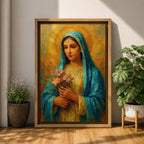 This impasto style painting depicts the Virgin Mary, also known as the Blessed Mother, holding pink flowers with a golden halo background. The textured brushstrokes and vibrant colors emphasize her serene expression and traditional blue veil, creating a devotional religious portrait.
