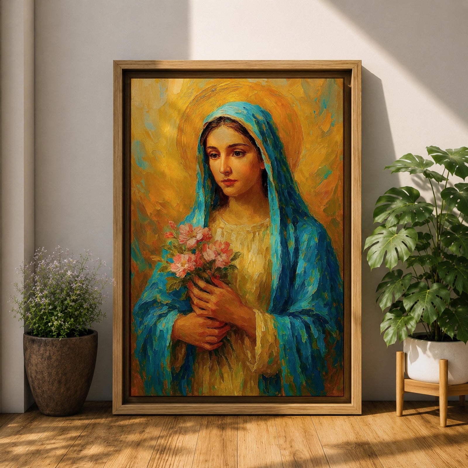 This impasto style painting depicts the Virgin Mary, also known as the Blessed Mother, holding pink flowers with a golden halo background. The textured brushstrokes and vibrant colors emphasize her serene expression and traditional blue veil, creating a devotional religious portrait.