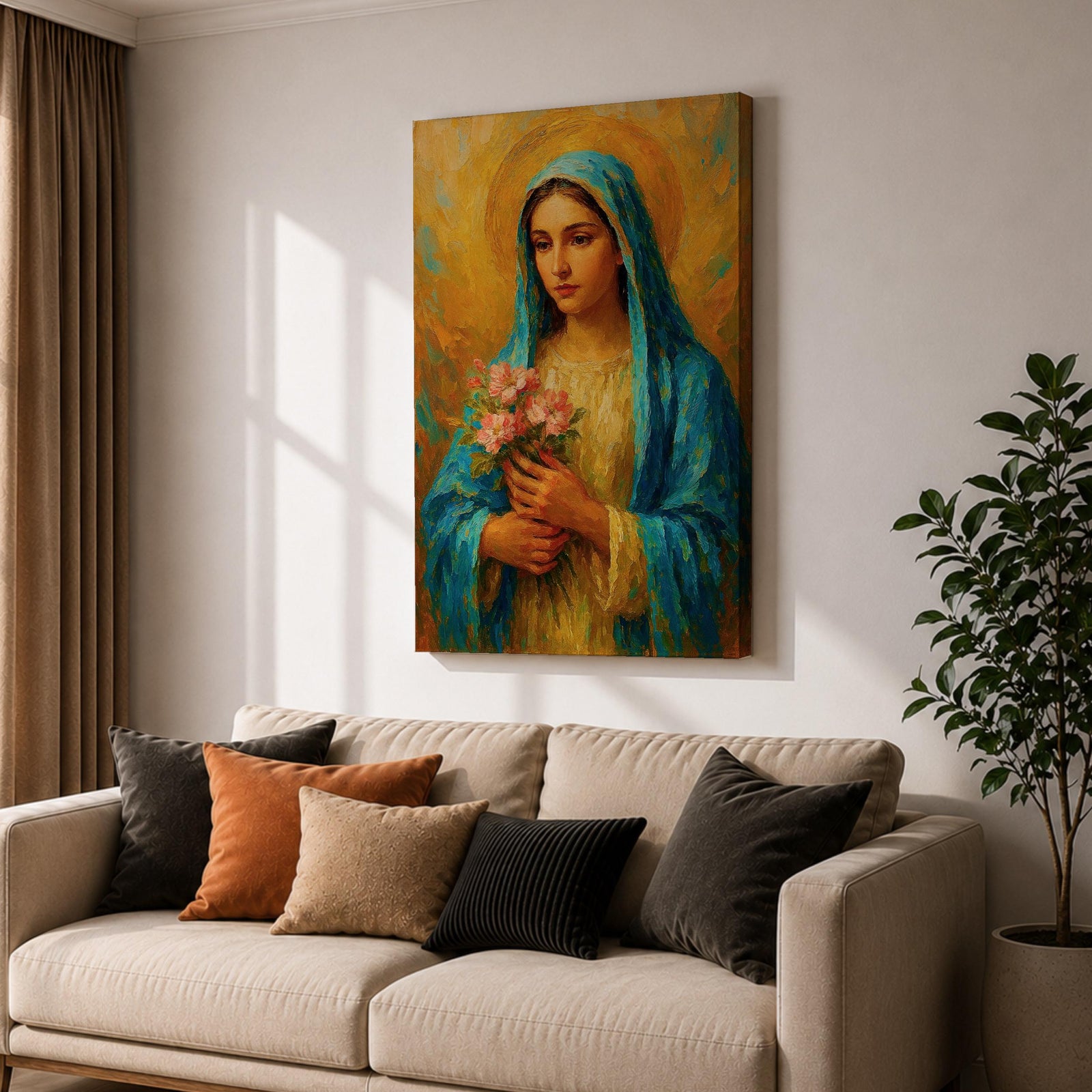 This impasto style painting depicts the Virgin Mary, also known as the Blessed Mother, holding pink flowers with a golden halo background. The textured brushstrokes and vibrant colors emphasize her serene expression and traditional blue veil, creating a devotional religious portrait.