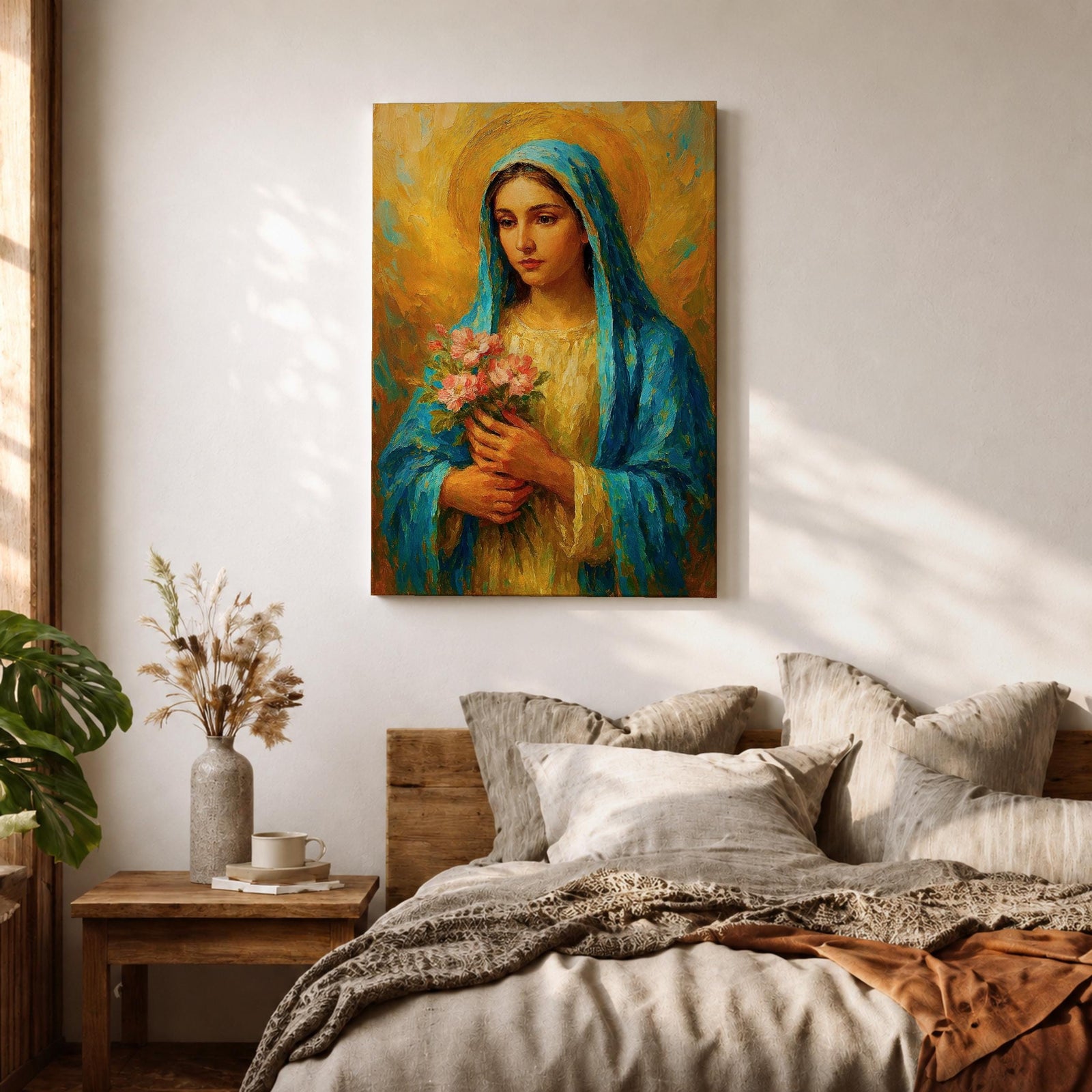 This impasto style painting depicts the Virgin Mary, also known as the Blessed Mother, holding pink flowers with a golden halo background. The textured brushstrokes and vibrant colors emphasize her serene expression and traditional blue veil, creating a devotional religious portrait.
