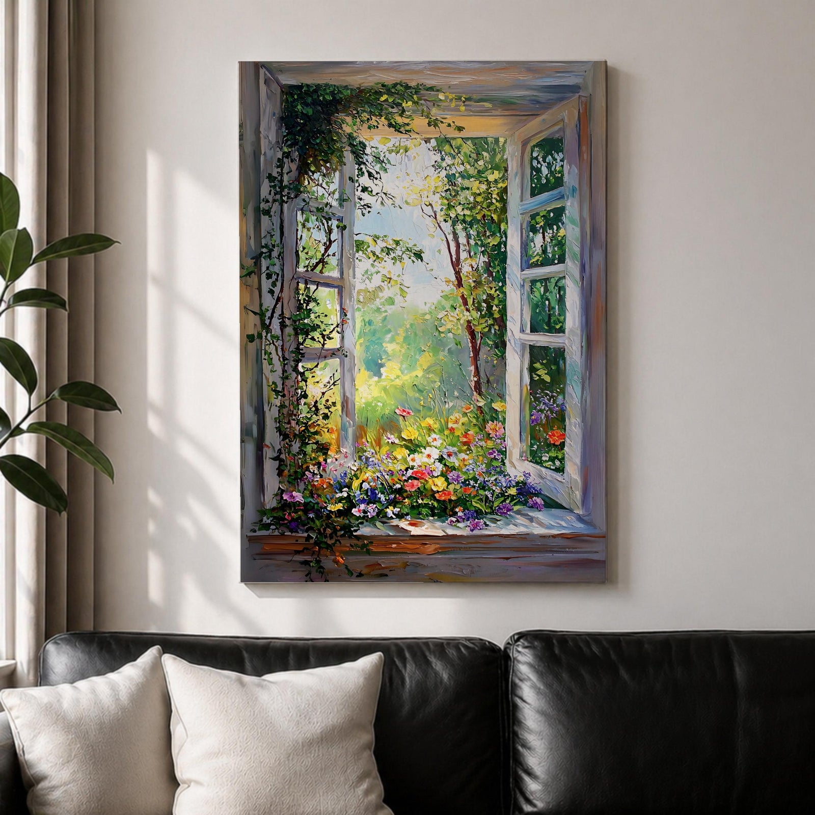A vibrant framed canvas painting of an open garden window with lush green foliage, colorful flowers, and trees visible outside. The artwork captures a natural outdoor scene with detailed floral elements and a bright, inviting atmosphere, perfect for nature-themed home decoration.