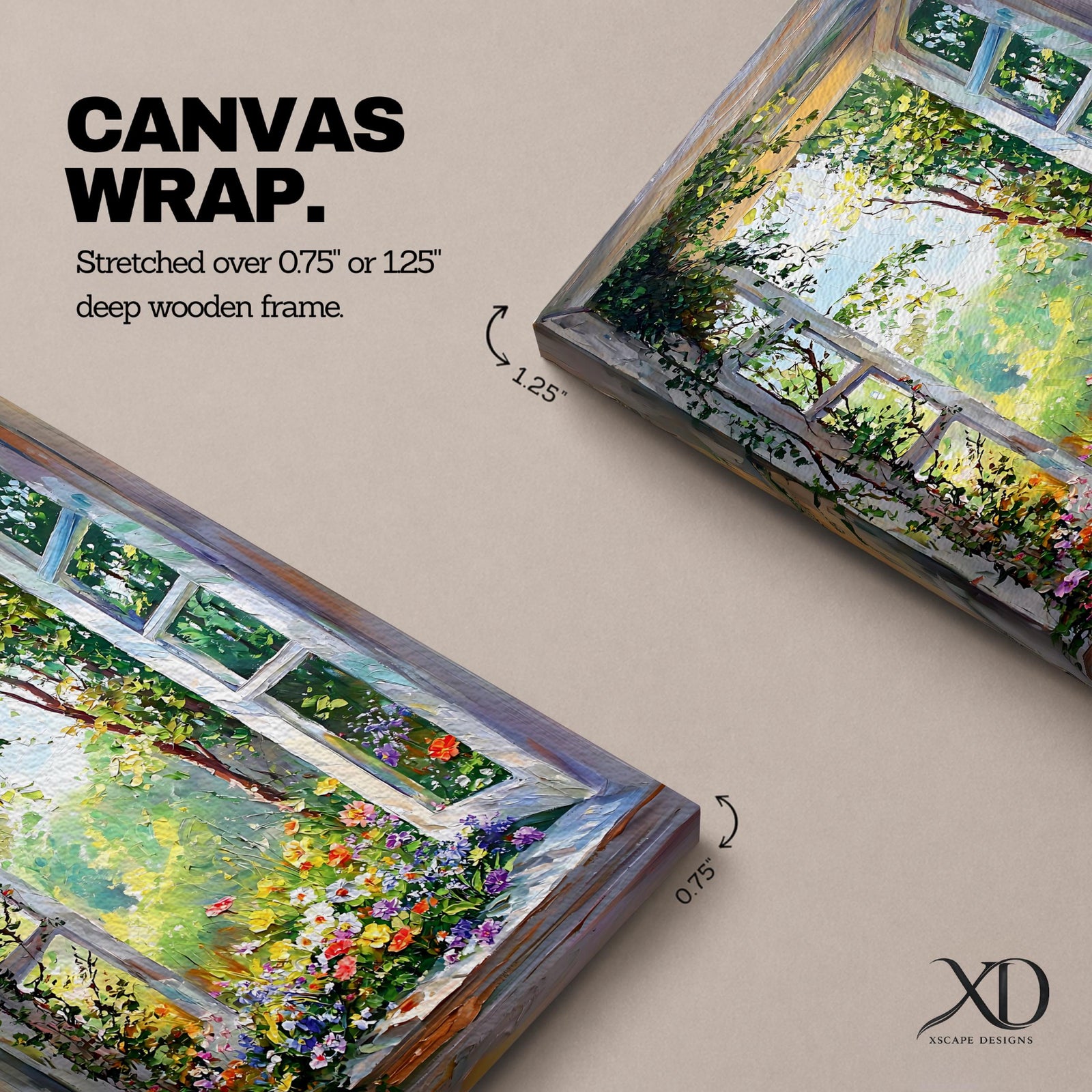 A vibrant framed canvas painting of an open garden window with lush green foliage, colorful flowers, and trees visible outside. The artwork captures a natural outdoor scene with detailed floral elements and a bright, inviting atmosphere, perfect for nature-themed home decoration.