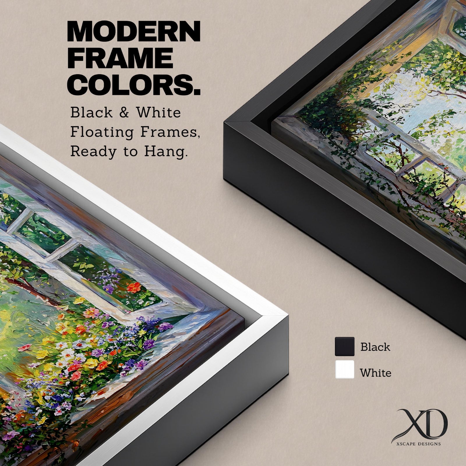 A vibrant framed canvas painting of an open garden window with lush green foliage, colorful flowers, and trees visible outside. The artwork captures a natural outdoor scene with detailed floral elements and a bright, inviting atmosphere, perfect for nature-themed home decoration.