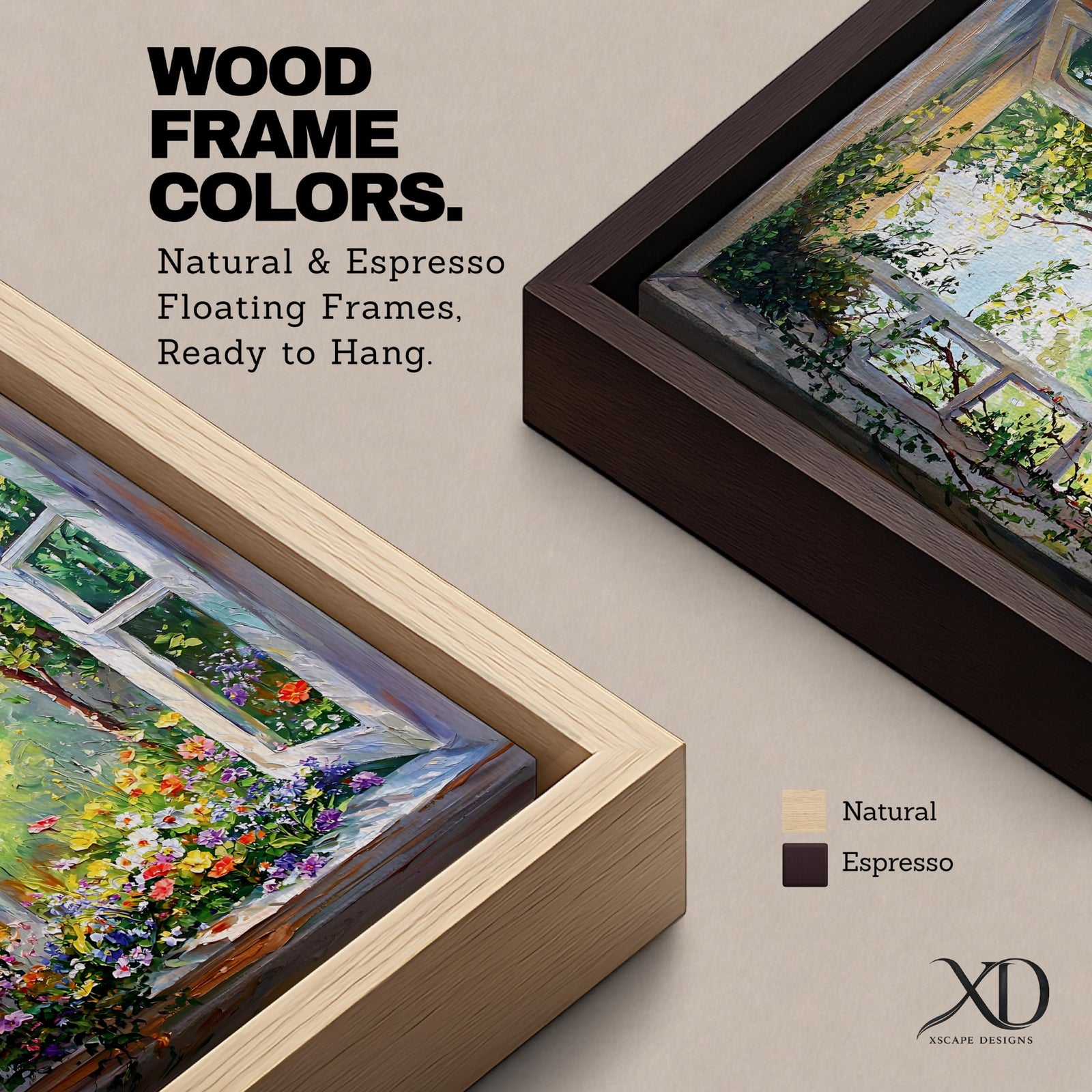 A vibrant framed canvas painting of an open garden window with lush green foliage, colorful flowers, and trees visible outside. The artwork captures a natural outdoor scene with detailed floral elements and a bright, inviting atmosphere, perfect for nature-themed home decoration.