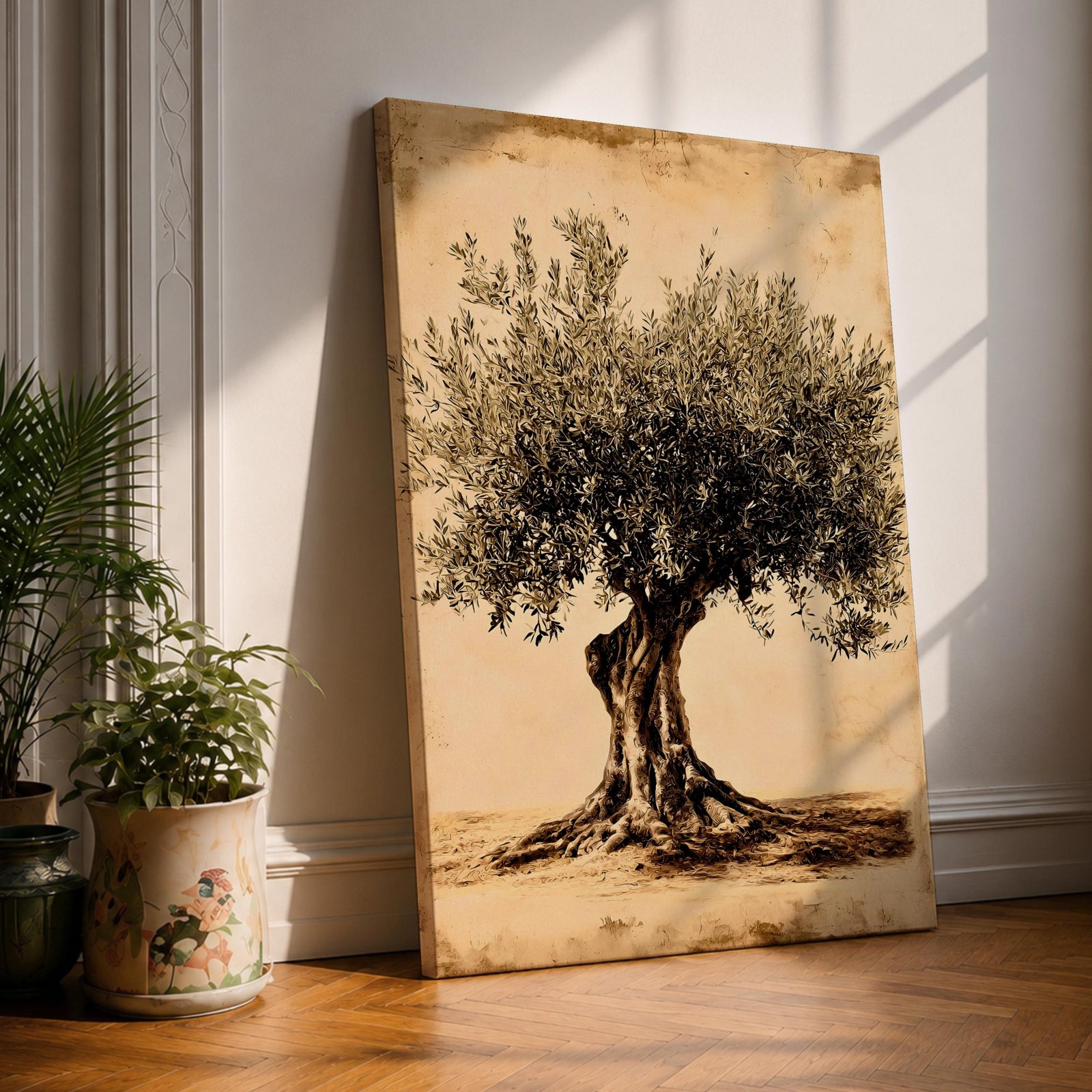 A detailed vintage-style framed canvas depicting an olive tree with a textured trunk and dense foliage, rendered in warm sepia tones. The artwork highlights the natural form and intricate leaves of the Mediterranean olive tree, capturing a botanical essence with a classic vintage aesthetic.