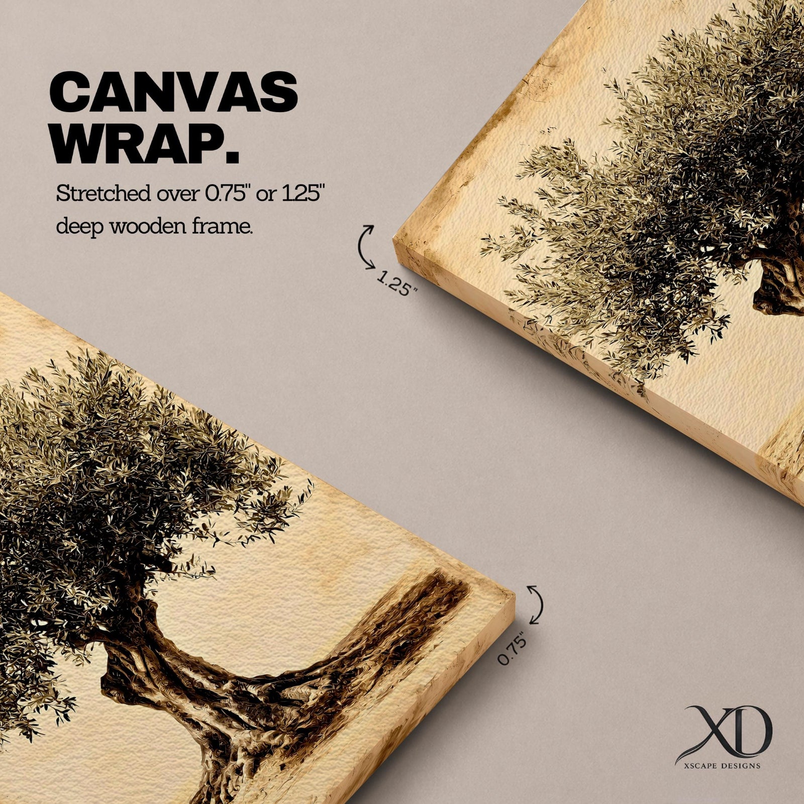 A detailed vintage-style framed canvas depicting an olive tree with a textured trunk and dense foliage, rendered in warm sepia tones. The artwork highlights the natural form and intricate leaves of the Mediterranean olive tree, capturing a botanical essence with a classic vintage aesthetic.