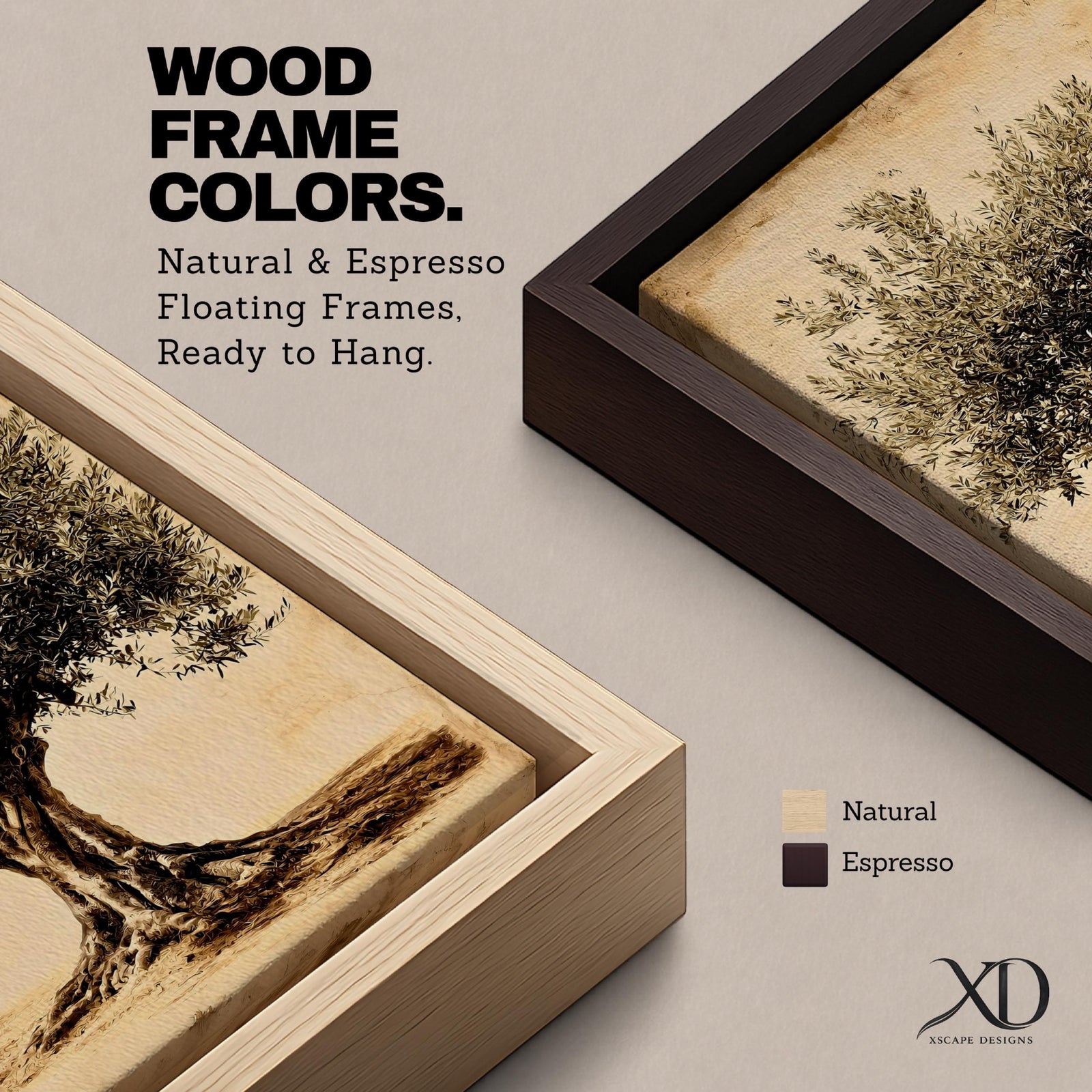 A detailed vintage-style framed canvas depicting an olive tree with a textured trunk and dense foliage, rendered in warm sepia tones. The artwork highlights the natural form and intricate leaves of the Mediterranean olive tree, capturing a botanical essence with a classic vintage aesthetic.