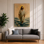A watercolor style framed canvas depicting Jesus walking on water with a golden halo behind his head. The figure is dressed in flowing robes, stepping across waves with a serene expression. The artwork captures a biblical scene with soft, natural tones and detailed brushwork emphasizing movement and faith.