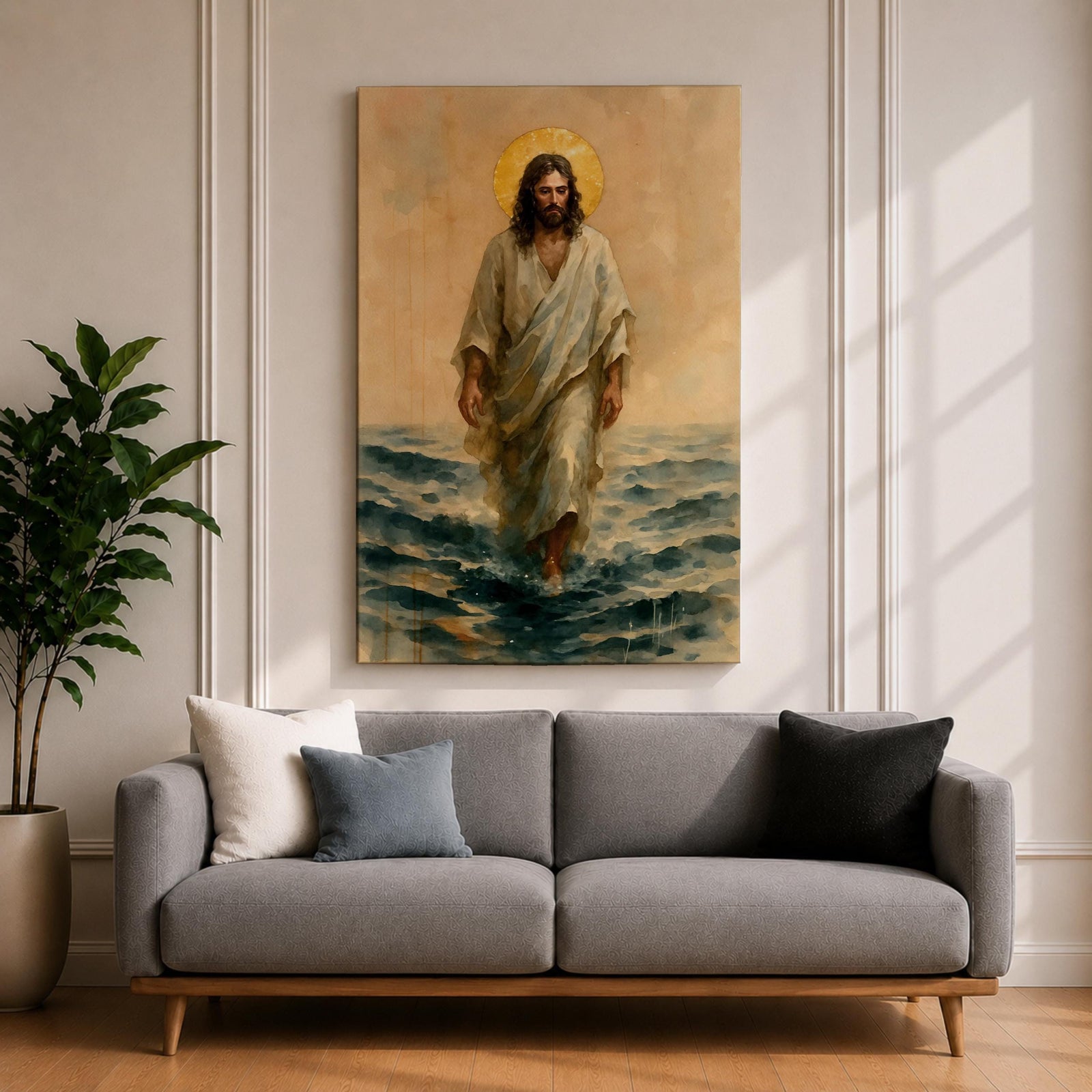 A watercolor style framed canvas depicting Jesus walking on water with a golden halo behind his head. The figure is dressed in flowing robes, stepping across waves with a serene expression. The artwork captures a biblical scene with soft, natural tones and detailed brushwork emphasizing movement and faith.